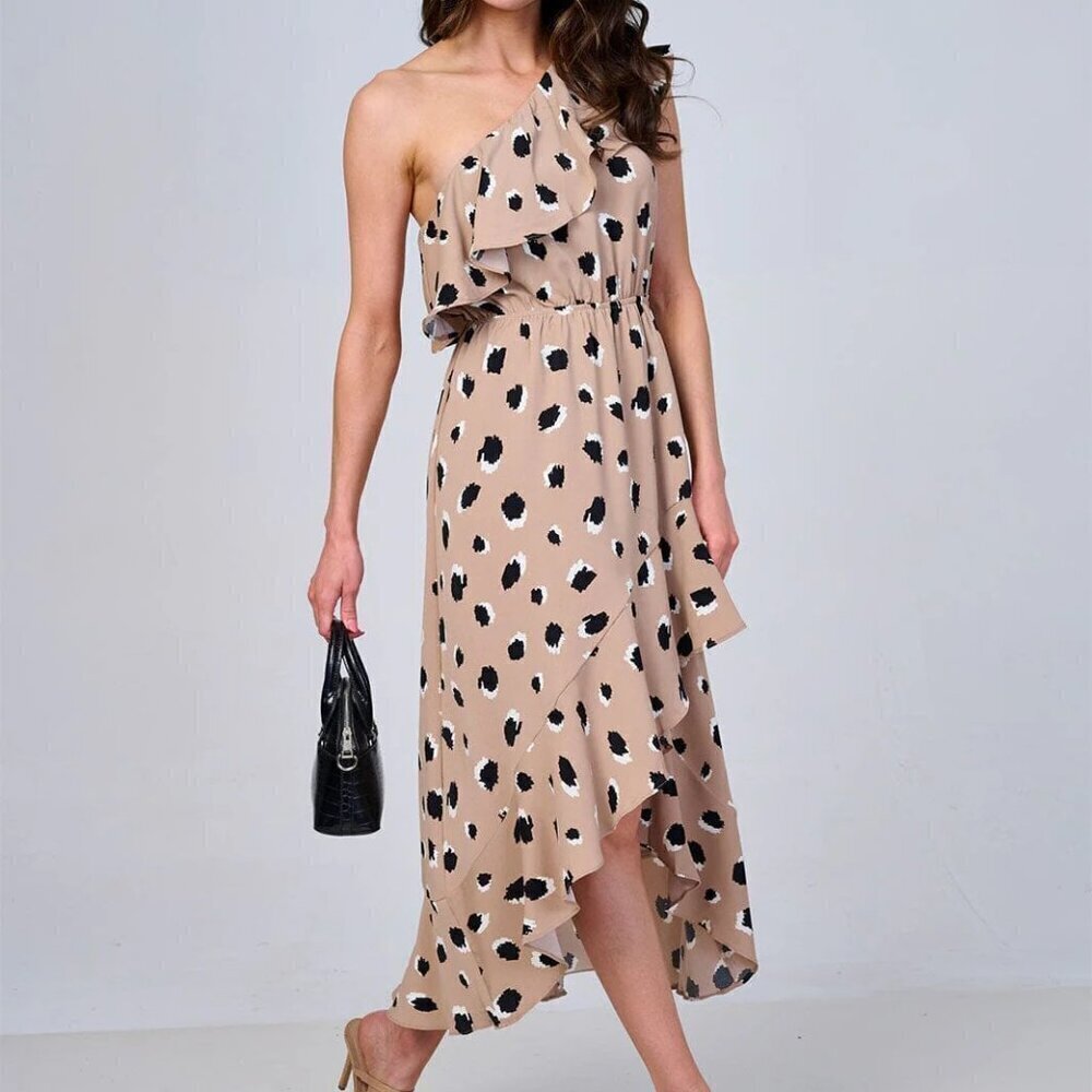 One Shoulder Ruffle Animal Print Elastic Waist Hi-Lo Flowy Dress In Taupe